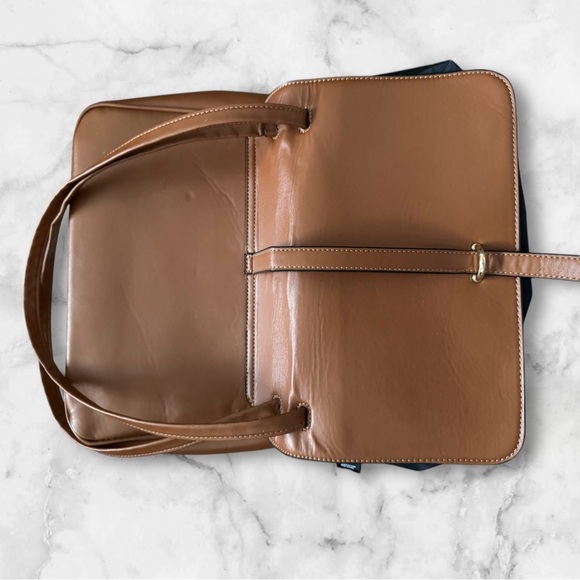 FREE ✅Elegant Tan Satchel with Smooth Vegan Leather and Flap Closure - Picture 8 of 15